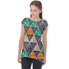 Abstract Geometric Triangle Shape Cap Sleeve High Low Top