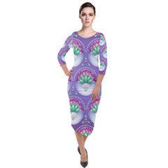 Background Floral Pattern Purple Quarter Sleeve Midi Velour Bodycon Dress