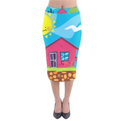 Kawaii Caricature Sun Nature City Velvet Midi Pencil Skirt