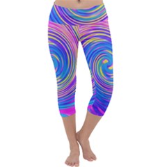 Cool Abstract Pink Blue And Yellow Twirl Liquid Art Capri Yoga Leggings by myrubiogarden