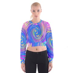 Cool Abstract Pink Blue And Yellow Twirl Liquid Art Cropped Sweatshirt by myrubiogarden