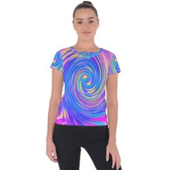 Cool Abstract Pink Blue And Yellow Twirl Liquid Art Short Sleeve Sports Top  by myrubiogarden