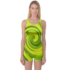 Groovy Abstract Green Liquid Art Swirl Painting One Piece Boyleg Swimsuit by myrubiogarden