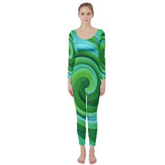 Groovy Abstract Turquoise Liquid Swirl Painting Long Sleeve Catsuit by myrubiogarden