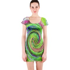 Groovy Abstract Green And Crimson Liquid Swirl Short Sleeve Bodycon Dress by myrubiogarden