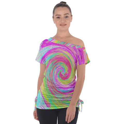 Groovy Abstract Pink And Blue Liquid Swirl Painting Tie-up Tee by myrubiogarden