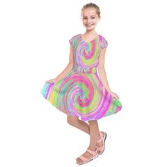 Groovy Abstract Pink And Blue Liquid Swirl Painting Kids  Short Sleeve Dress by myrubiogarden