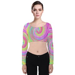 Groovy Abstract Pink And Blue Liquid Swirl Painting Velvet Long Sleeve Crop Top by myrubiogarden