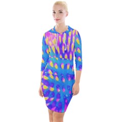 Pink, Blue And Yellow Abstract Coneflower Quarter Sleeve Hood Bodycon Dress