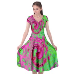 Groovy Abstract Green And Red Lava Liquid Swirl Cap Sleeve Wrap Front Dress by myrubiogarden