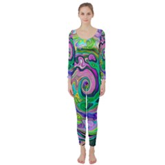 Groovy Abstract Aqua And Navy Lava Liquid Swirl Long Sleeve Catsuit by myrubiogarden