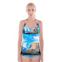 Painting Paintings Mountain Boyleg Halter Swimsuit  by Pakrebo