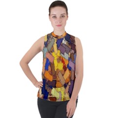 Texture Painting Plot Graffiti Mock Neck Chiffon Sleeveless Top by Pakrebo