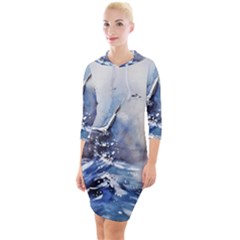 Art Painting Sea Storm Seagull Quarter Sleeve Hood Bodycon Dress