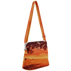 Field Sunset Orange Sky Land Zipper Messenger Bag by Pakrebo