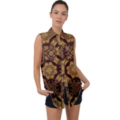 Gold Black Book Cover Ornate Sleeveless Chiffon Button Shirt