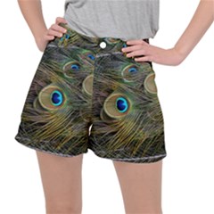 Peacock Tail Feathers Close Up Stretch Ripstop Shorts by Pakrebo