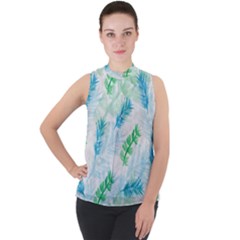 Pattern Feather Fir Colorful Color Mock Neck Chiffon Sleeveless Top