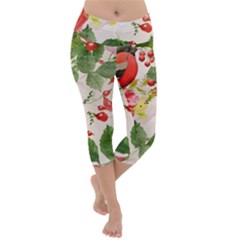 Christmas Bird Floral Berry Lightweight Velour Capri Yoga Leggings