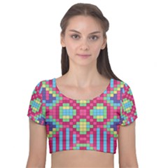 Checkerboard Squares Abstract Velvet Short Sleeve Crop Top 