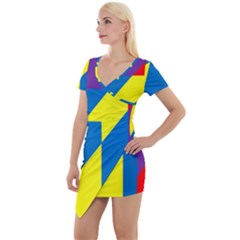 Colorful Red Yellow Blue Purple Short Sleeve Asymmetric Mini Dress by Pakrebo