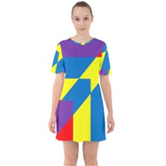 Colorful Red Yellow Blue Purple Sixties Short Sleeve Mini Dress by Pakrebo