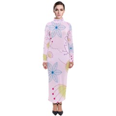 Floral Background Bird Drawing Turtleneck Maxi Dress