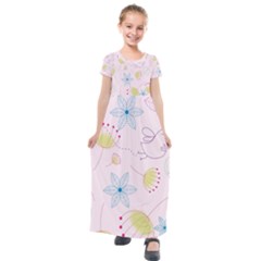 Floral Background Bird Drawing Kids  Short Sleeve Maxi Dress