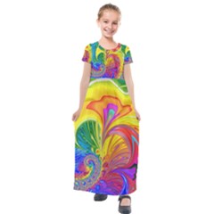 Fractal Bright Exploding Brilliant Kids  Short Sleeve Maxi Dress