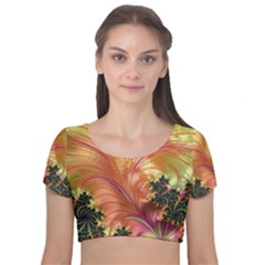 Fractal Feather Artwork Art Velvet Short Sleeve Crop Top 