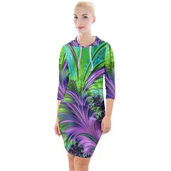 Fractal Art Artwork Feather Swirl Quarter Sleeve Hood Bodycon Dress