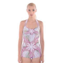 Pink Blue Flower Blossom Rose Boyleg Halter Swimsuit  by Pakrebo