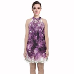 Amethyst Purple Violet Geode Slice Velvet Halter Neckline Dress  by genx