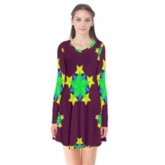 Pattern Star Vector Multi Color Long Sleeve V-neck Flare Dress by Pakrebo