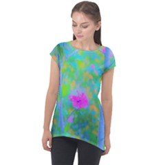 Pink Rose Of Sharon Impressionistic Blue Landscape Garden Cap Sleeve High Low Top