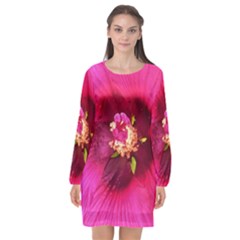 Deep Pink And Crimson Hibiscus Flower Macro Long Sleeve Chiffon Shift Dress  by myrubiogarden