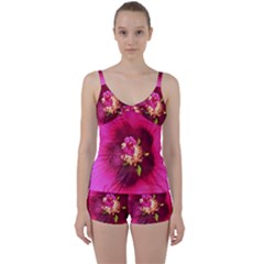 Deep Pink And Crimson Hibiscus Flower Macro Tie Front Two Piece Tankini by myrubiogarden