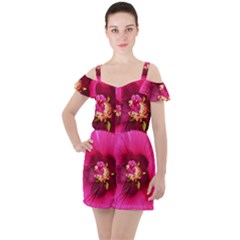 Deep Pink And Crimson Hibiscus Flower Macro Ruffle Cut Out Chiffon Playsuit by myrubiogarden