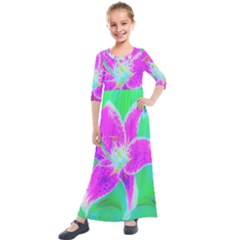 Hot Pink Stargazer Lily On Turquoise Blue And Green Kids  Quarter Sleeve Maxi Dress by myrubiogarden