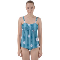 Gardenia Flowers White Blue Twist Front Tankini Set by Pakrebo