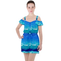 Blue Sky Artwork Drawing Painting Ruffle Cut Out Chiffon Playsuit