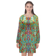 Raining Paradise Flowers In The Moon Light Night Long Sleeve Chiffon Shift Dress  by pepitasart