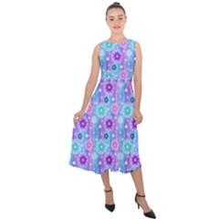 Flowers Light Blue Purple Magenta Midi Tie-back Chiffon Dress