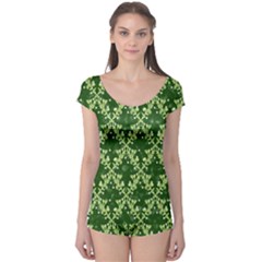 White Flowers Green Damask Boyleg Leotard  by Pakrebo