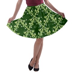 White Flowers Green Damask A-line Skater Skirt by Pakrebo