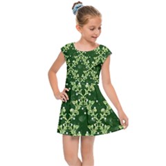 White Flowers Green Damask Kids  Cap Sleeve Dress