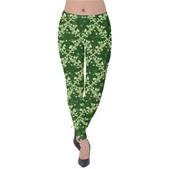 White Flowers Green Damask Velvet Leggings