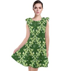 White Flowers Green Damask Tie Up Tunic Dress