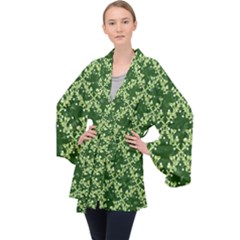 White Flowers Green Damask Velvet Kimono Robe