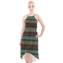 Stripes Green Yellow Brown Grey High-low Halter Chiffon Dress  by BrightVibesDesign